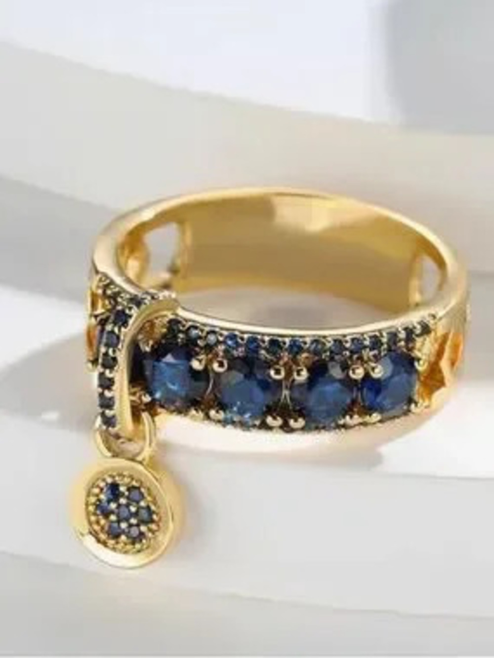 Golden Ring with Sapphire Blue Crystals and Charm